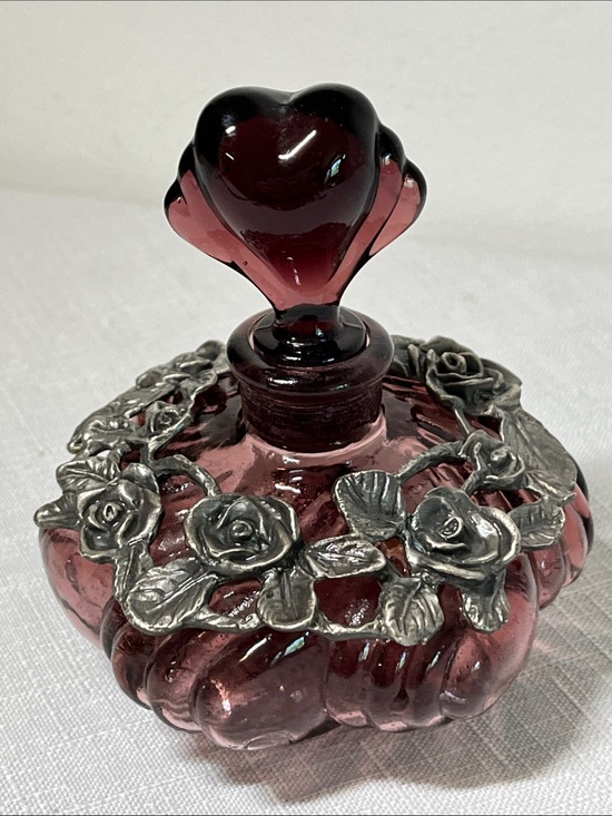 Vintage Other - Vintage Amethyst Glass & Pewter
Perfume Bottle 
Sculpted Rose
Heart Stopper